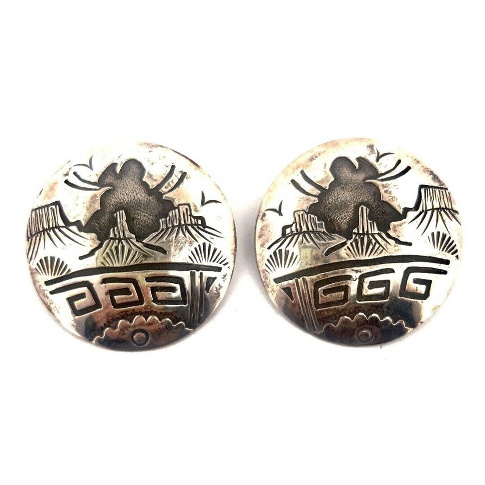 Vintage 925 Sterling Silver Hopi Overlay Earrings Signed JJ